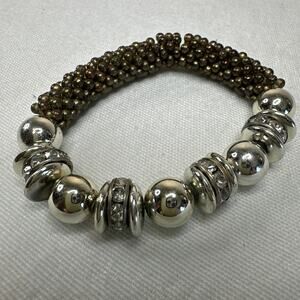 Mesh Bead Bracelet Stretch W/ Silver Tone Beads Costume Fashion Jewelry Boho